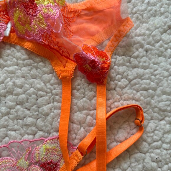 neon orange floral 3 piece lingerie set - Picture 6 of 9